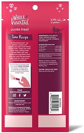 WholeHearted Cat Treats, Tuna Recipe Squeezable PurΓ©e, 4 Tubes, 0.5 oz Each