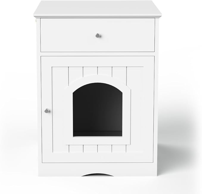 Wooden Pet House Cat Litter Box Enclosure with Drawer, Side Table, Indoor Pet Crate, Cat Home Nightstand (White)