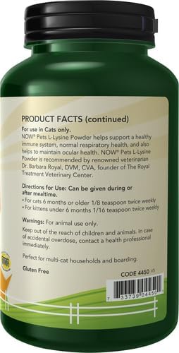 Now Pet Health,L-Lysine Supplement,Powder,Formulated for Cats,NASC Certified,8-Ounce,(Pack of 2)