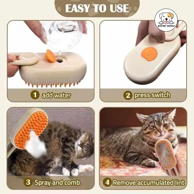 4-in-1 Cat Grooming Brush, Steam Cleaning and Massage Tool with Shedding Comb, Orange