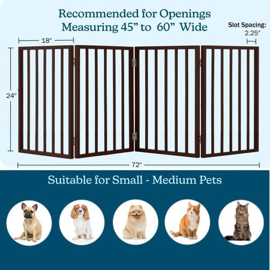 Pet Gate - 4-Panel Indoor Foldable Dog Fence for Stairs, Hallways or Doorways - 72x24-Inch Retractable Wood Freestanding Dog Gates by PETMAKER (Brown)