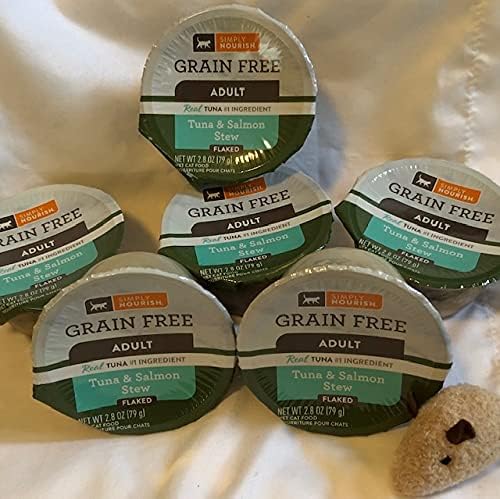 SIMPLY NOURISH Adult Cat Grain Free Stew Flaked. 6-2.8 OZ Cups. Plus Cat Toy Will Vary. (Tuna & Salmon Stew)