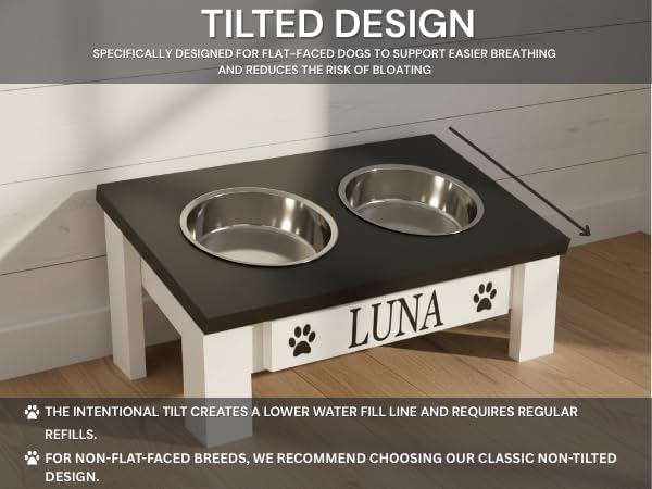 GTW Classic Tilted Elevated Dog Feeder – Angled Wood Stand with Stainless Steel Bowls for Short-Nose Dogs, Anti-Slip Farmhouse Design (Tilted, Dark Walnut)