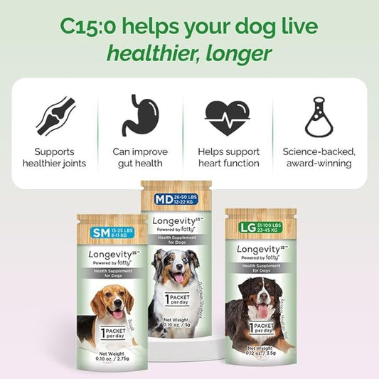 Longevity15 C15:0 Dog Health Supplement (30-Day Supply) & Yummy Combs Dog Dental Treats (8oz Bag) for Large Dogs – C15:0 Fatty Acid for Daily Wellness, Food Topper – VOHC Approved Oral Care Treat