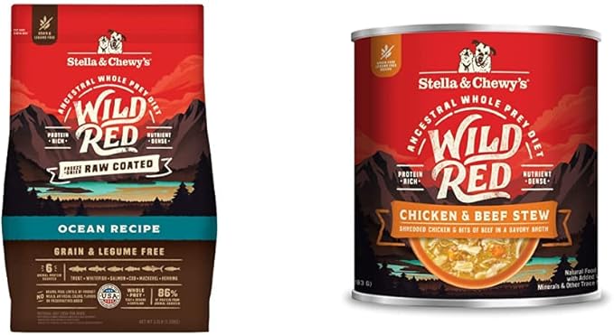 Stella & Chewy's Wild Red Raw Coated Kibble Dry Dog Food Grain Free Ocean Recipe, 3.5lb Bag + Wild Red Chicken & Beef Stew Wet Dog Food, 10oz Cans (Pack of 6)