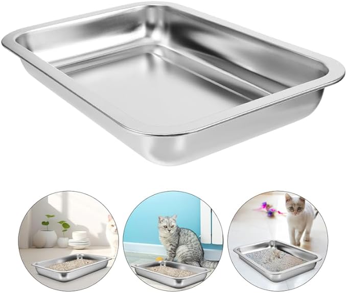 Stainless Steel Cat Litter Box Open Design Large Metal Litter Pan Easy to Clean Portable Kitten Tray for Cats and Small Pets