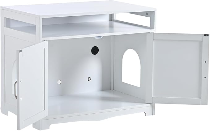 31.5" L White Cat Litter Box Enclosure with Hidden Plug & 2 Doors, Indoor Large Cat Washroom Storage Bench Side Table