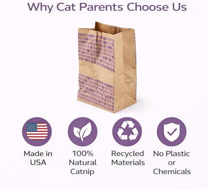 Catnip Infused Crinkly Paper Bag Cat Toys - All Natural & Recycled Materials - Made in USA - Interactive Hide and Seek for Indoor Cats and Kittens (4-Bags, Catnip)