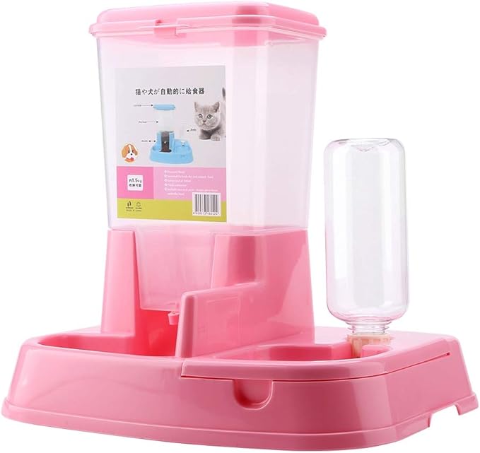 Pet Feeder and Water Dispensers Set, Automatic Pet Feeder Detachable Food Dispenser Water Bottle Cats Dogs Feeding Tool, Dog Cat Bowls Puppy Feeder and Pet Dish for Small Dog(Pink)