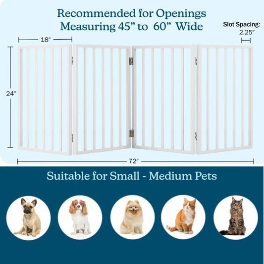 Pet Gate - 4-Panel Indoor Foldable Dog Fence for Stairs, Hallways or Doorways - 72x24-Inch Retractable Wood Freestanding Dog Gates by PETMAKER (White)