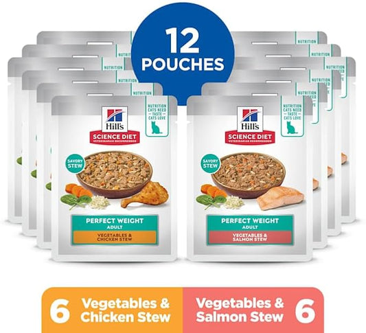 Hill's Science Diet, Perfect Weight Pouch Chicken & Salmon Stew Wet Cat Food Variety Pack, 2.8 Ounce, 12 Pack