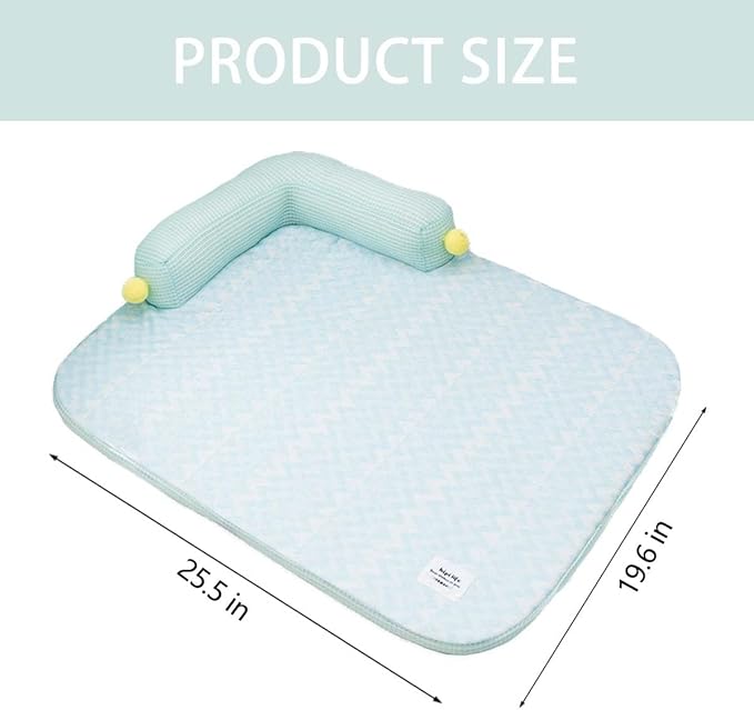 All-Season Ice Fabric Cat Bed with Cushioned Pillow/Play Ball/Washable Mat for Cats, Kittens & Small Pets(Green, Large-25"x19"x4"