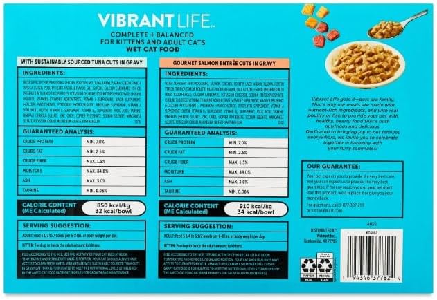 Tuna and Salmon Cuts in Gravy Wet Cat Food, Complete + Balanced Variety Pack ~ (2.64 Oz Split Cups) ~ (12 Pack) ~ Made Without Added Artificial Preservatives.