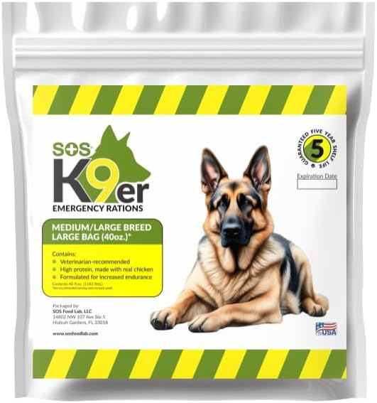 SOS Food Lab Emergency Dog Food Ration (40 Oz) - Pet Food Contains High Protein Chicken for Any Size Dog Breed - Ready to Eat Dry or Add Water - 5 Year Shelf Life - Formulated for Increased Endurance