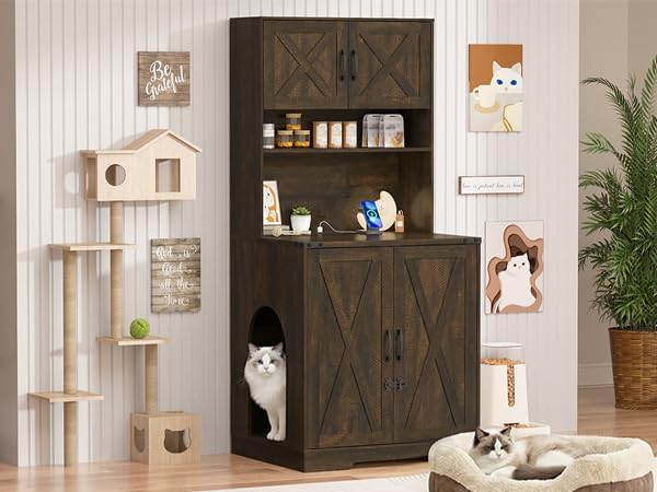 71Inches Tall Cat Litter Box Enclosure for Cats W/Power Outlets,Open Shelves.Wooden Pet Washroom Furniture W/Locks,Cabinet.White Indoor Cats House,Hidden Cat Litter Box for Living Room,Bedroom