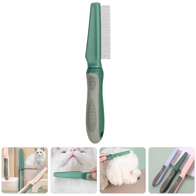 Luxshiny Pet Grooming Comb for Cats and Dogs with 78 Fine Metal Teeth, Olive Green Flea Removal and Shedding Comb for Detangling and Undercoat Grooming, Portable Reusable Kitten and Dog