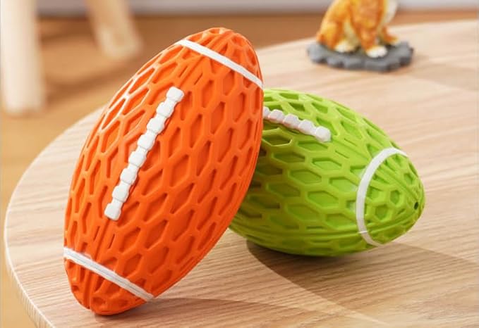 AUSCAT 2PCS Squeaky Dog Football Toy, Dog Chew Toy, Tough Rubber Dog Ball for Medium Large Dogs, Green and Orange, Large, 5.5"