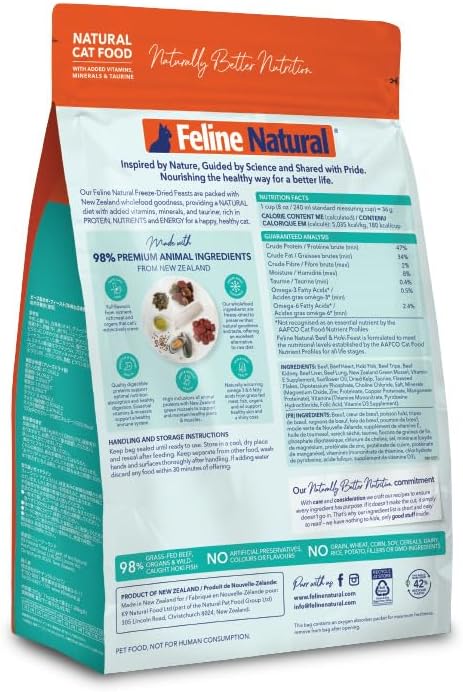 Feline Natural High Protein Dry Cat Food, Freeze-Dried Diet with 98% Meat, Organs & Seafood, No Peas, Grains, or Artificial Additives, Made in New Zealand, Beef & Hoki, 320g