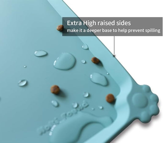 Hoki Found L Silicone Non Slip Pet Food Tray - Dog Cat Bowl Mats - Waterproof Dog Cat Food Mats for Carpet - Light Turquoise