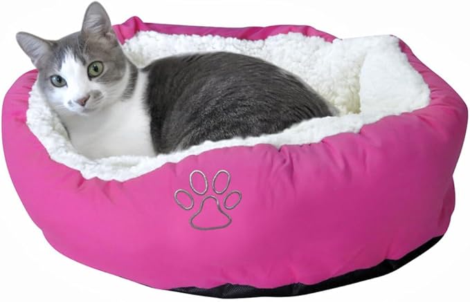 Evelots Calming Donut Cat Bed - Warm Pet Bed for Cats and Small Dogs - Anti-Anxiety Cozy Cuddler - Removable Soft Plush Cushion - Machine Washable - Non-Slip Bottom - Pink