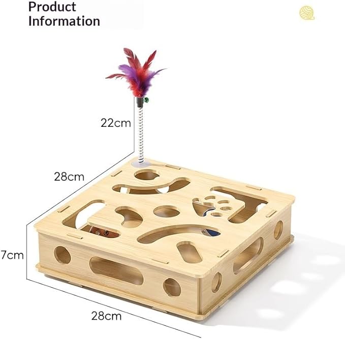Wooden Cat Claw Care Scratcher with Maze Puzzle & Bell Ball - Enrichment Toy for Calm Grooming Alternative