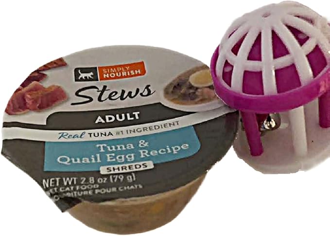 SIMPLY NOURISH Adult Cat Stew Shreds 6-2.8 Ounce Cups. Plus Cat Toy Will Vary. (Tuna & Quail Egg Recipe)