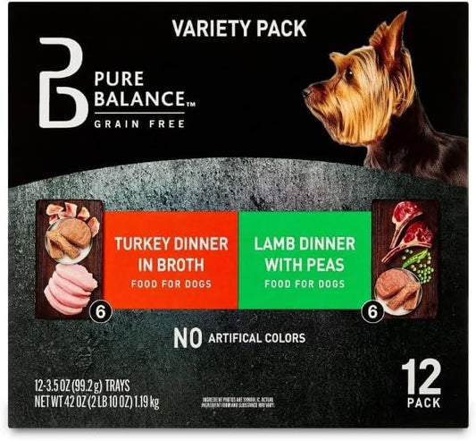 (2 Pack) ~ Pure~Balance Grain-Free Wet Dog Food Variety Pack ~ 12 Count, 3.5 Oz ~Trays, Lamb Dinner with Peas, Turkey in Broth, No Artificial Colors, Moist Texture, All Breed Adult Dogs.