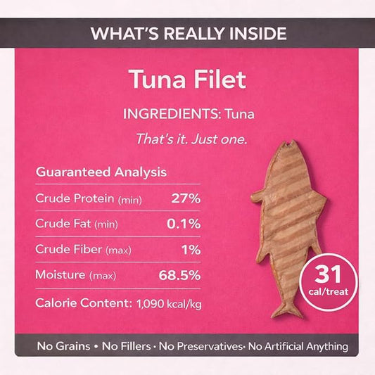 Cat Filet Treats Tuna 3 Pack - Wild Caught Fish High Protein Single Ingredient Soft Cat Treats - Grain Free Omega 3 Healthy Cat Snacks Food Topper for Picky Eaters - 3oz (3x1oz)