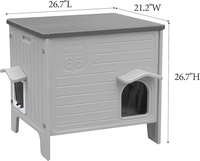 Weatherproof Insulated Outdoor Cat House with Mat for Feral Cat, Plastic Elevated Cat Shelter with Escape Door, Easy Assemble, Expansive Interior Grey 27.0" L x 27.0" W x 21.0" H