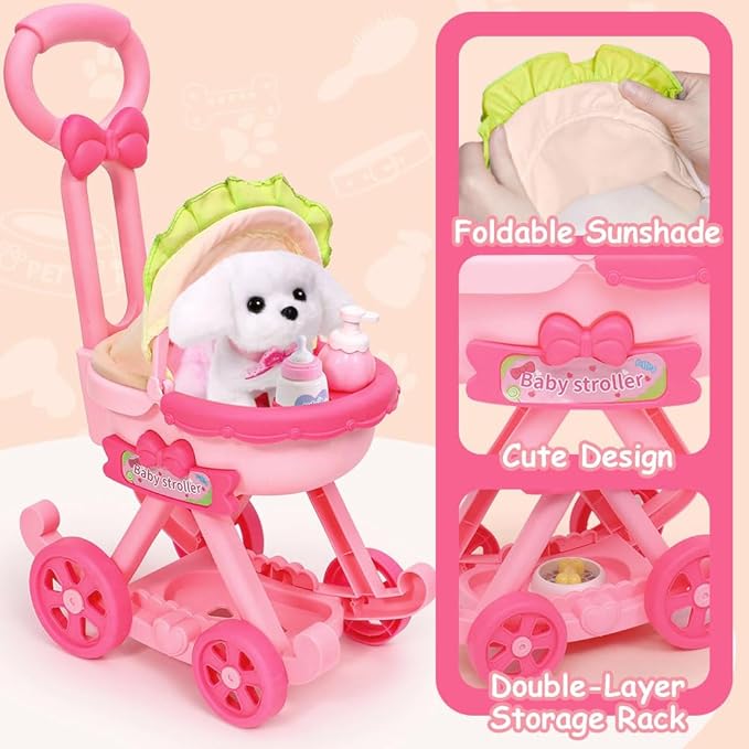 Golray Dog Toys for Kids Girls, Stroller & Electronic Interactive Stuffed Dog Plush Can Walk Bark, 10 Pcs Toddler Girl Toy Dog Puppy Pet Care Pretend Play Set, Birthday Gifts for Little Girl 3 4 5 6 7