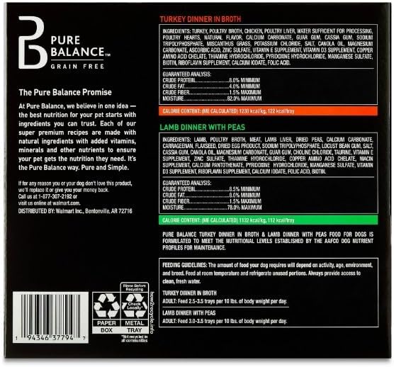 (2 Pack) ~ Pure~Balance Grain-Free Wet Dog Food Variety Pack ~ 12 Count, 3.5 Oz ~Trays, Lamb Dinner with Peas, Turkey in Broth, No Artificial Colors, Moist Texture, All Breed Adult Dogs.
