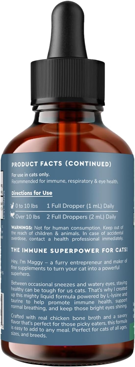 Premium L-Lysine Supplement for Cats – for Immune Support, Sneezing, Runny Nose, Watery Eyes & Nasal Health– 60ML Lysine for Feline Respiratory Support – Cat Lysine Drops with Taurine for Immunity