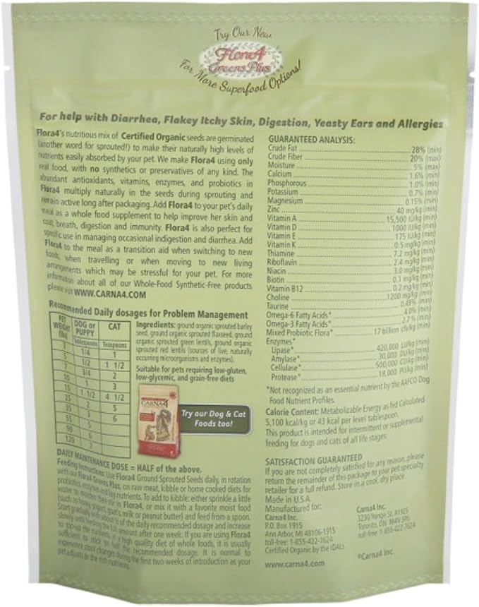 CARNA4 Flora4 Sprouted Seeds Food Topper for Dogs & Cats, Original Blend with sprouted Flaxseed, Rich in Natural Probiotics & Digestive Enzymes, Synthetic-Free Whole Food Supplement 18oz