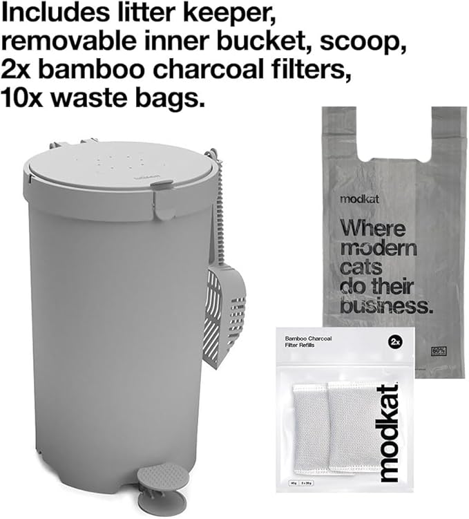 Modkat Premium Litter Keeper - Cat Litter Disposal (Includes Litter Scoop, 2X Bamboo Charcoal Filters, and 10x Recycled Waste Bags (Gray)