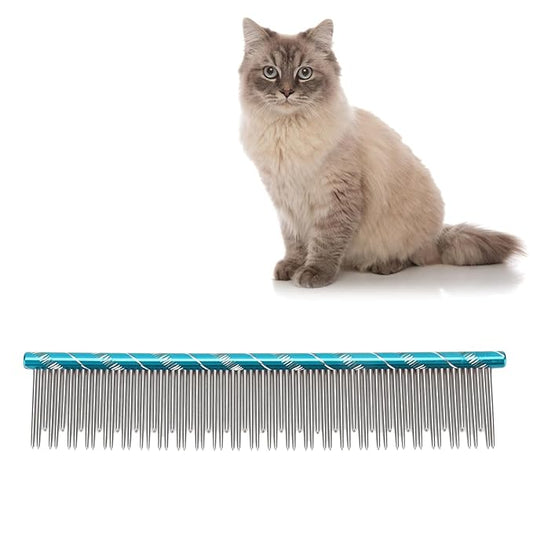 Pet Hair Removal Comb, Stainless Steel Cat Grooming Tool, Durable Non Slip Handle - Static Free Teeth, Dual Density Design, Comfortable for All Cat Breeds (Blue)