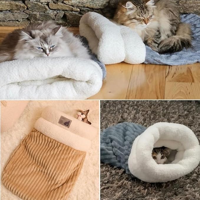 Cat Sleeping Bag, Cats Winter Sleeping Bag for Indoor Cats Cozy Plush Cat Cave Bed, Self-Warming Pet Snuggle Sack for Kitten Puppy Small Dogs (B-Grey Blue + Beige, L-21"x17.7")