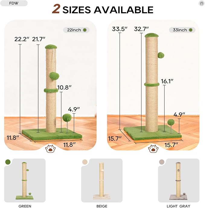 FDW 22 Inch Cat Scratching Post Cat Scratcher Natural Sisal Rope Scratch Post Kitten Trees with Hanging Ball for Indoor Cats,Green