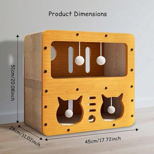 Multi-Function Cat Scratcher House Box,3-in-1 Scratch Pad and Soft Bed & Play Cave with Toys, Durable Build & Ideal for Cats/Kitty (Yellow,MD-CAT2)