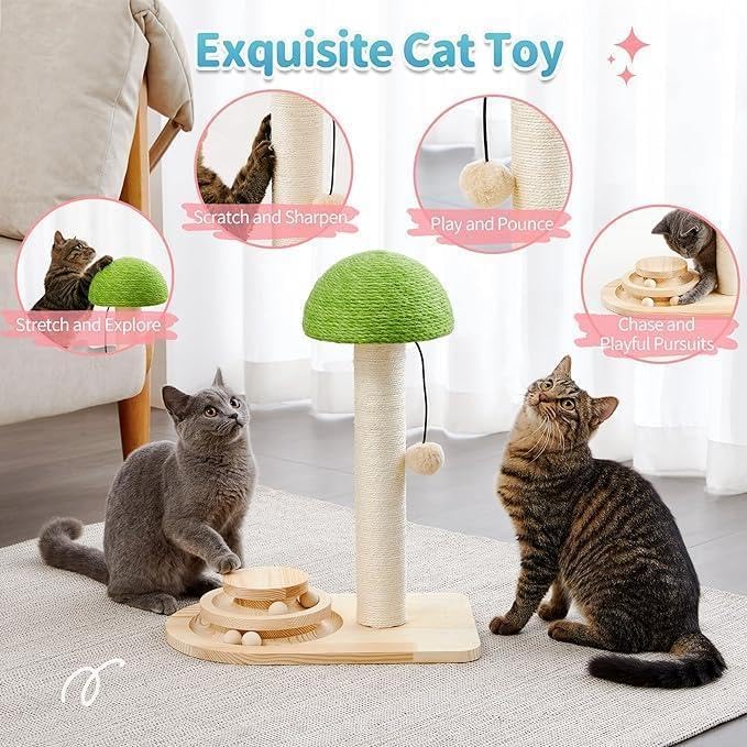 Mushroom Cat Scratching Post with Sisal Rope and Interactive Ball Track – 2-in-1 Wooden Cat Scratcher with Dangling Ball Toy and 20-Inch Scratch Pad for Indoor Cats