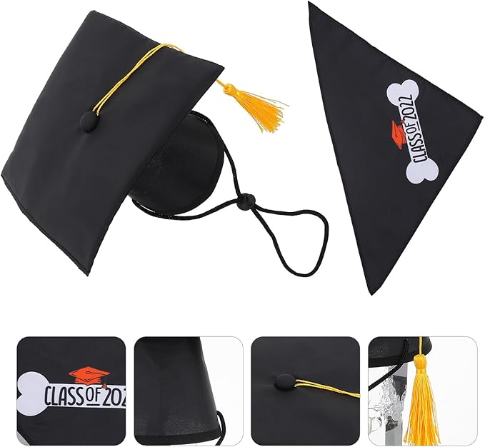 VOSAREA Pet Graduation Doctoral Cap and Chic Bandana Set for Dogs, 2pcs Black Tassel Hat with Multi-Purpose Triangle Saliva Towel, Party Supply for Dog Graduation Celebration