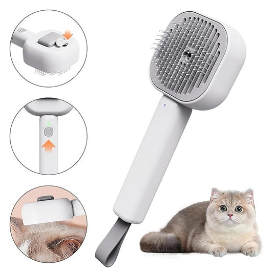 3-in-1 Cat Steam Brush – Self-Cleaning Pet Spray Grooming Comb for Cats & Dogs, USB Rechargeable, Shedding, Massaging & Hair Removal with Cool Mist (Gray)