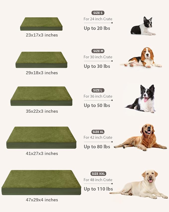 KSIIA Orthopedic Dog Bed Crate Waterproof Pet Mats for Large Dogs Deluxe Plush Washable Pet Bed with Egg Crate Foam & Removable Cover, 35 x 22 Inch, Green