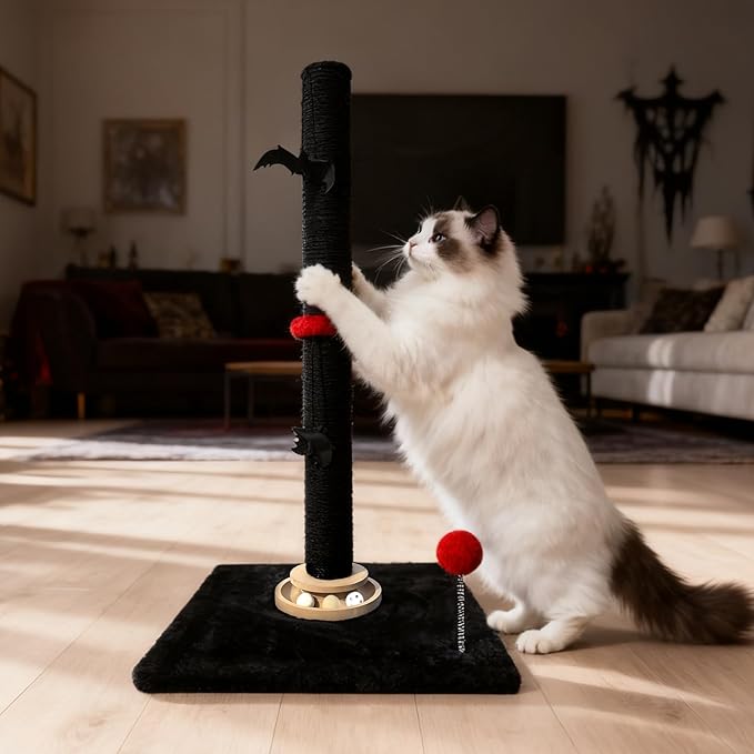 Gothic 27'' Scratching Post, Cat Scratcher Indoor, Wooden Ball Track Toy, Hanging Ball, Bouncy Ball, Interactive Toy Furniture for Kittens Adult Cats, Black Red