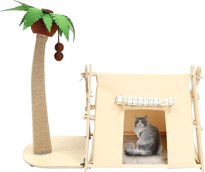 Coconut Tree Cat Tree Cat Scratching Post with Jute Rope for Indoor Cats Cozy Tent House and Hanging Balls for Kittens