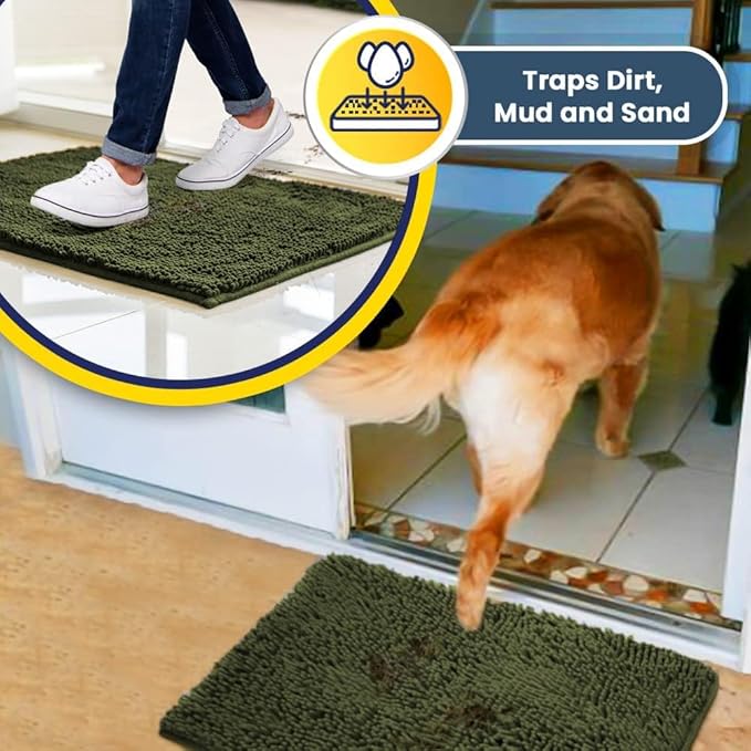 Muddy Mat® | Super Absorbent Door Mat Indoor, Microfiber Quick Dry Chenille Entryway Rug, Non-Slip Front Door Mat, Indoor Mats for Entryway, Machine Washable Pet Rug, Army Green 36" x 120"