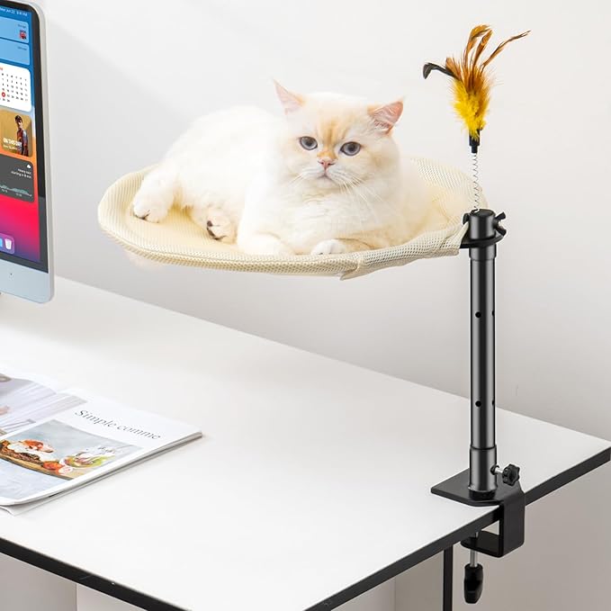 Uross Cat Desk Bed - Adjustable Height & 360 Rotation Cat Desk Perch Mount for Office and Game Tables, Attachment Desktop Bed with 2 Washable Covers, Soft Rabbit Fur& Breathable Mesh -Beige