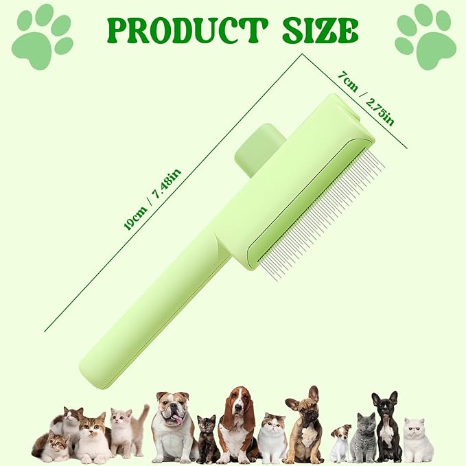 Pet Hair Removal Comb Flea Comb, 2025 New Cat Grooming Brush with Release Button, for Massaging and Cleaning Shedding Pets Hairs, De-Shedding Cat Brush for Short and Long Hair Cats (Blue+Green)