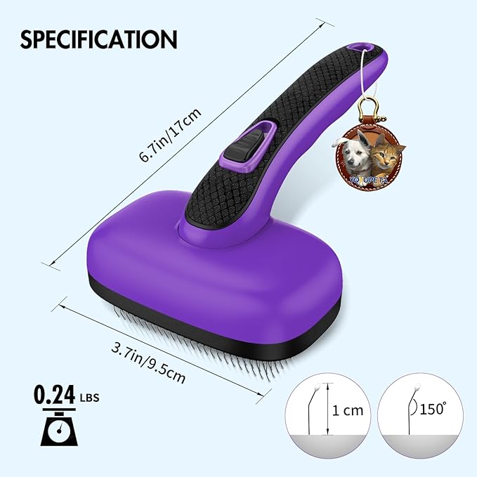 Dog Brush for Shedding, Self Cleaning Slicker Brush Ideal for Short Long Haired Dogs & Cats. Removes Loose Fur, Undercoat, Mats, Tangled Hair. Suit for Large Medium Small Animal, Purple