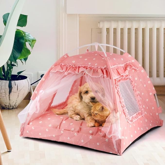 pawstrip Dog Tent Indoor Cat House Pink Puppy Bed Portable Pet Teepe Princess Dog Camping Tent Outdoor Kitten Houses Cute Bunny Nest Girl Kitty Cave (M, Pink)
