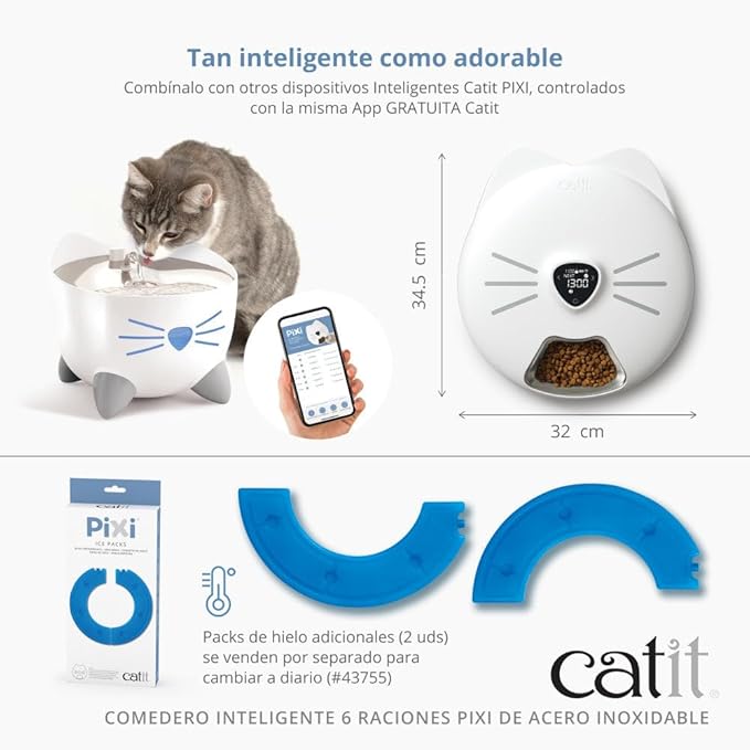 Catit PIXI Smart 6-Meal Feeder – Automatic Cat Feeder with App Control, Stainless Steel Tray, Custom Schedule, Ice Packs, for Dry & Wet Food